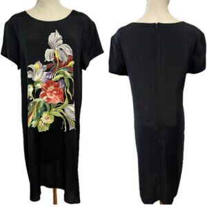 90s BLACK VINTAGE BOLD FLORAL NORMCORE SHIFT DRESS KNEE LENGTH RAYON VGC 14